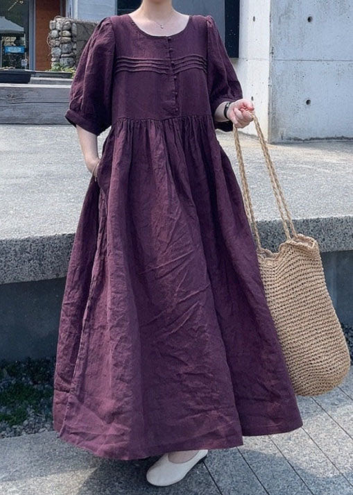 Mulberry-lace Patchwork Linen Dress O Neck Wrinkled Short Sleeve