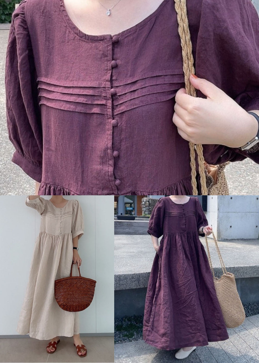 Mulberry-lace Patchwork Linen Dress O Neck Wrinkled Short Sleeve