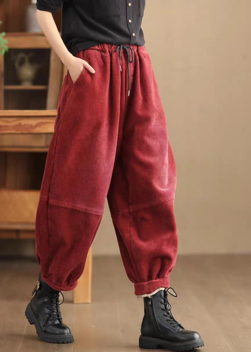 Mulberry Patchwork Warm Fleece Corduroy Crop Pants Oversized Winter