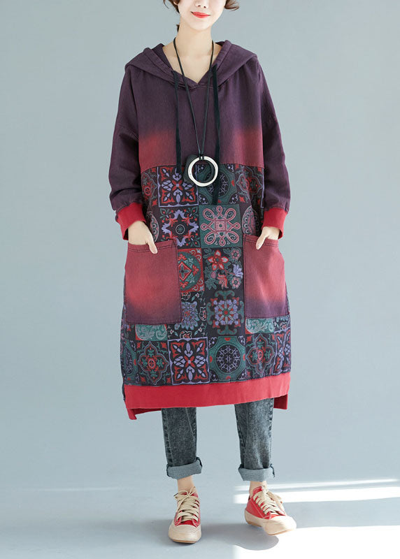 Mulberry Print Pockets Cotton Long Dress Hooded Spring
