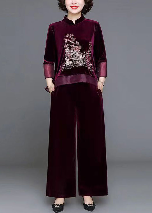 Mulberry Tops And Pants Velour Two Piece Set Embroideried Fall