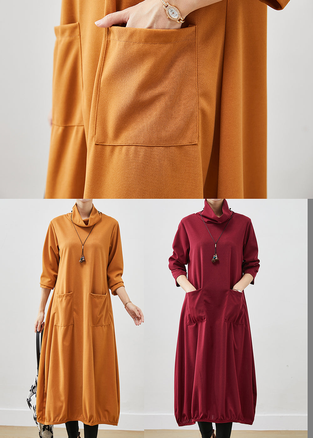 Mulberry Warm Fleece Maxi Dresses Turtle Neck Pockets Fall