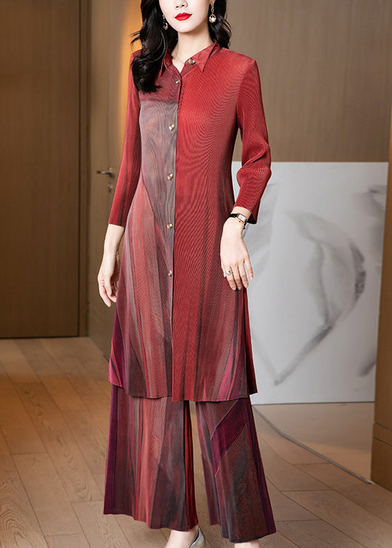 Mulberry Wrinkled Side Open Silk Shirts And Wide Leg Pants Two Pieces Set Long Sleeve