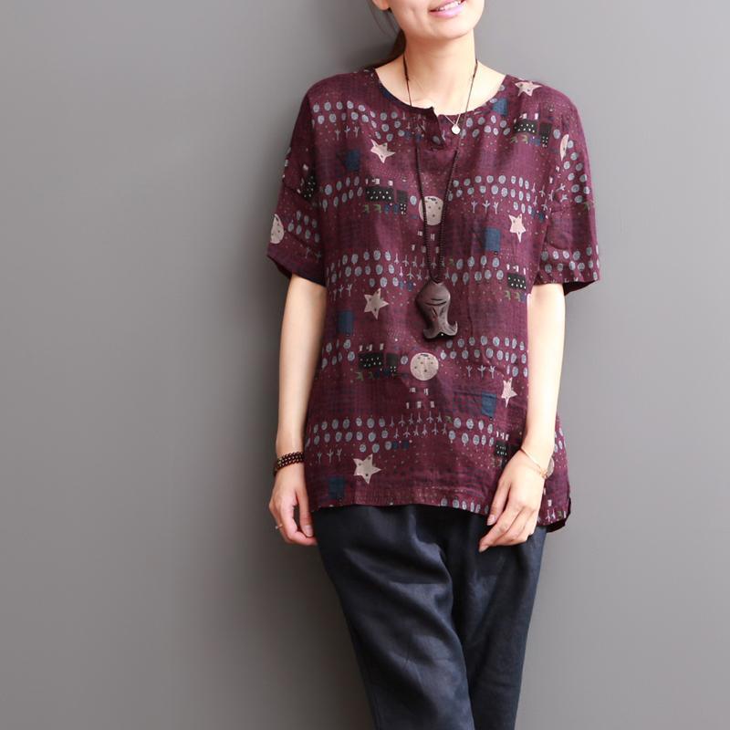 Mulberry star print linen blouse women shirt top - Omychic