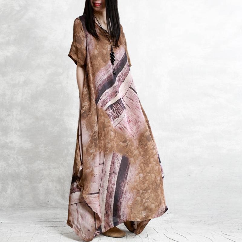 Muslim brown print clothes For Women plus size Wardrobes v neck asymmetric Maxi Summer Dress - Omychic