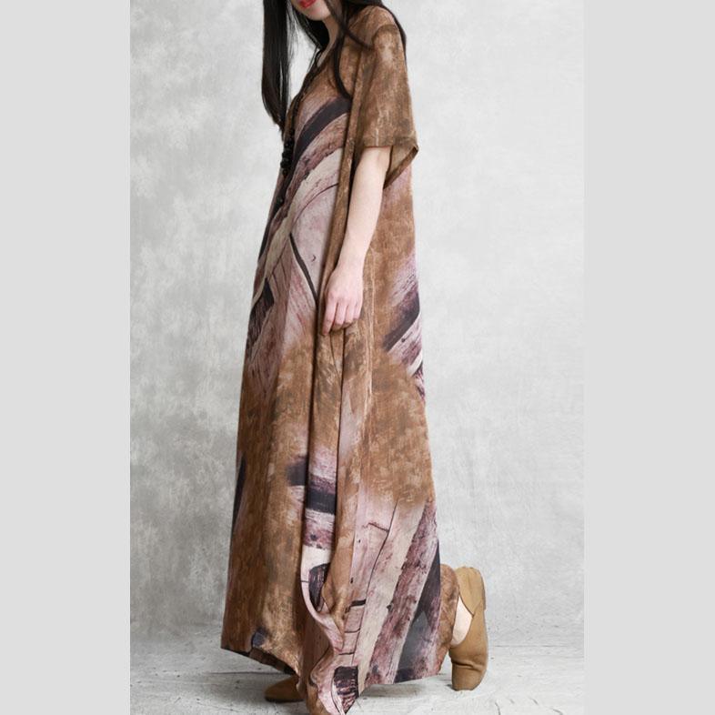 Muslim brown print clothes For Women plus size Wardrobes v neck asymmetric Maxi Summer Dress - Omychic