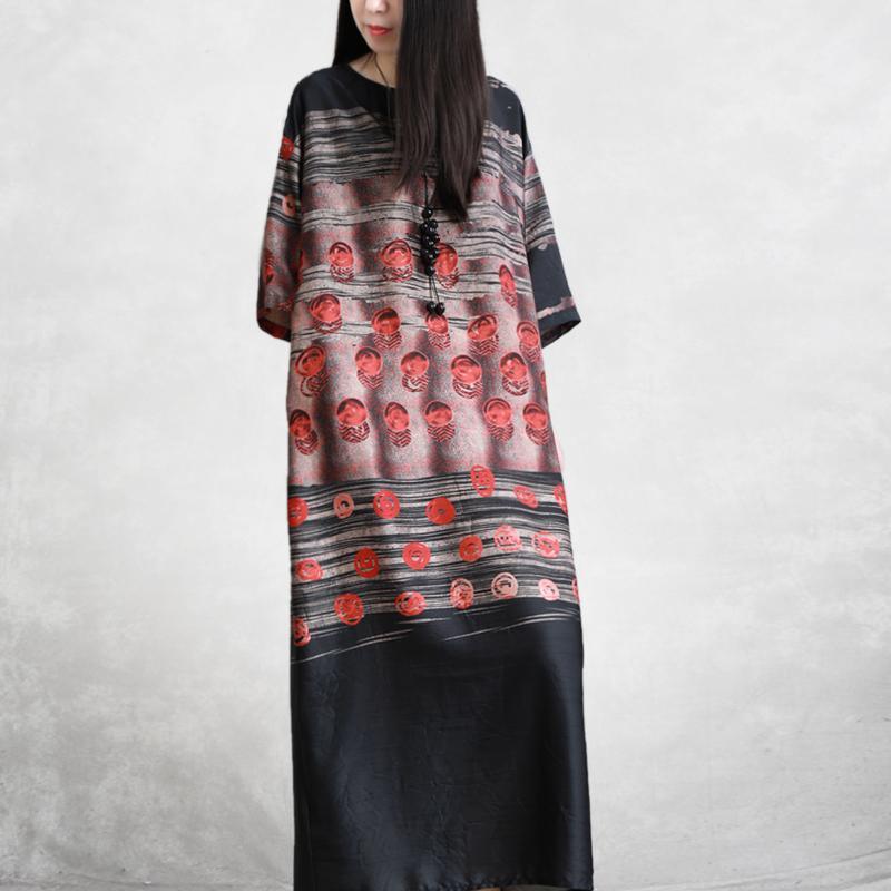 Muslim o neck half sleeve chiffon outfit Vintage black print Kaftan Dresses Summer - Omychic