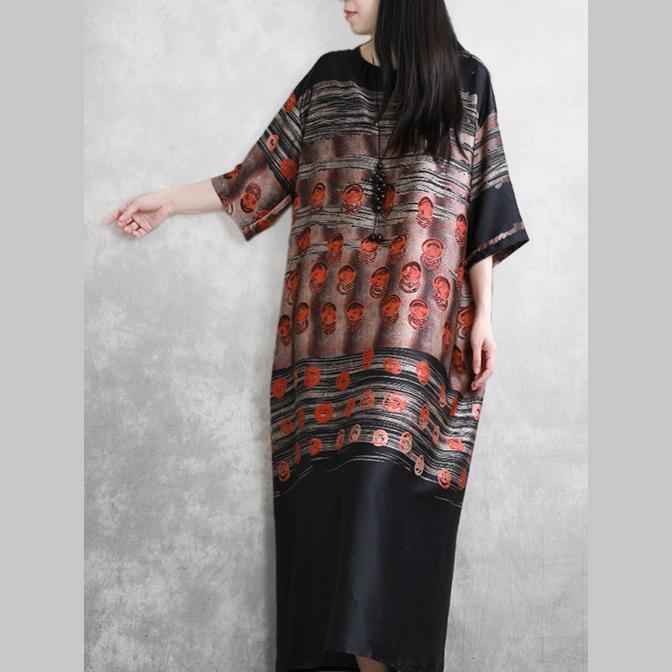 Muslim o neck half sleeve chiffon outfit Vintage black print Kaftan Dresses Summer - Omychic