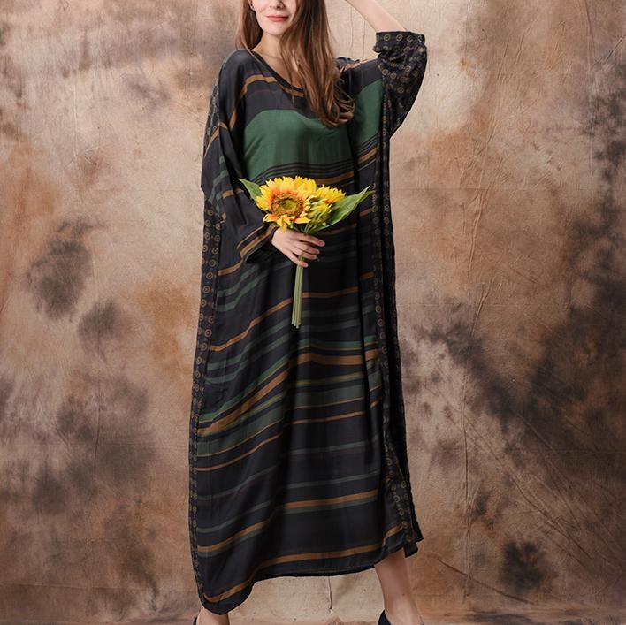 Muslimo Neck Pockets Silk Dress Boho Runway Green Striped Maxi Dress Spring ( Limited Stock) - Omychic