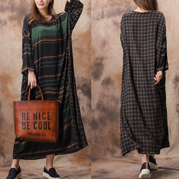 Muslimo Neck Pockets Silk Dress Boho Runway Green Striped Maxi Dress Spring ( Limited Stock) - Omychic