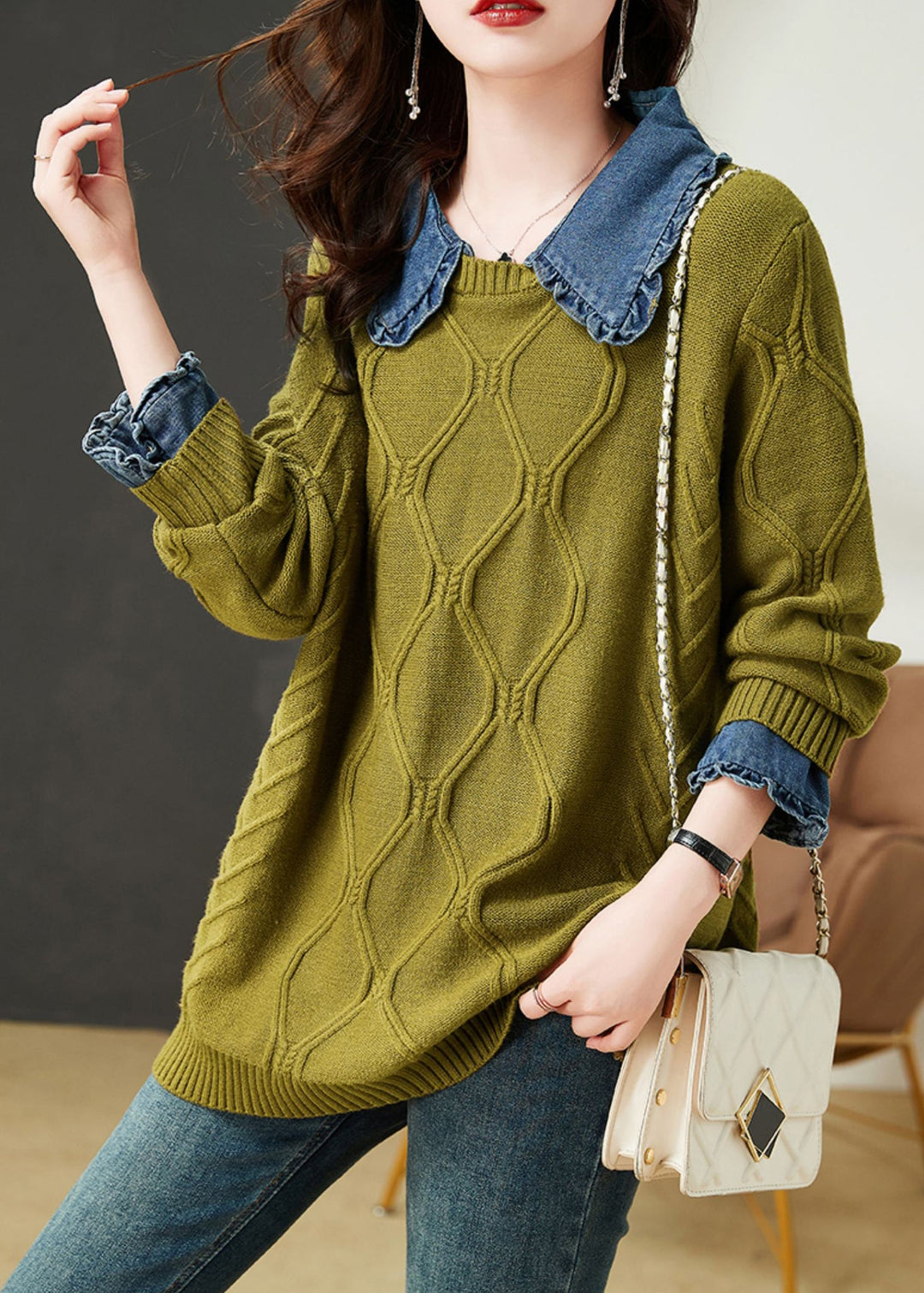 Mustard Green Denim Patchwork Cotton Knit Tops Peter Pan Collar Fall