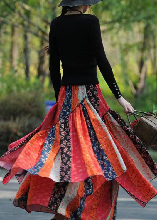 Natural Asymmetrical Print Patchwork Cotton Skirts Spring