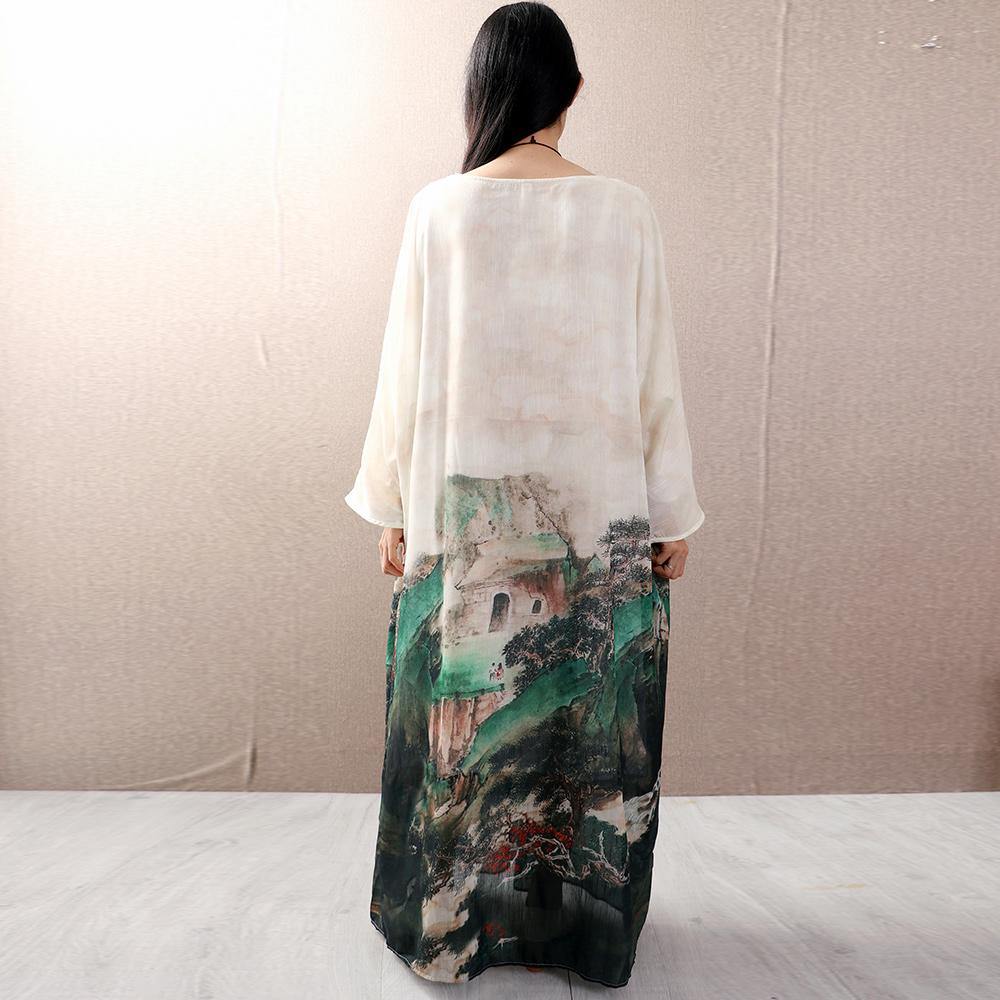 Natural Batwing Sleeve cotton Wardrobes design white prints Kaftan Dresses summer - Omychic