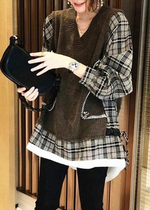 Natural Black Knit Patchwork Plaid Loose Fall Knit Sweater - Omychic