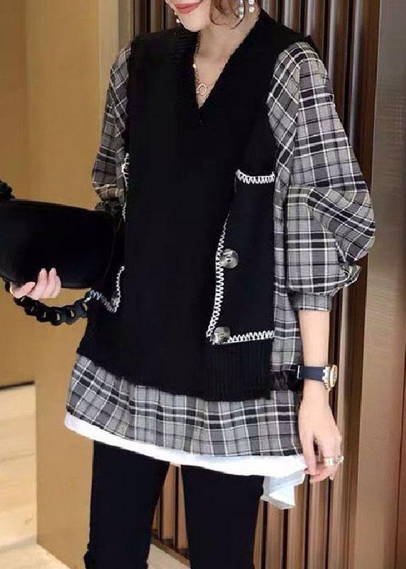 Natural Black Knit Patchwork Plaid Loose Fall Knit Sweater - Omychic