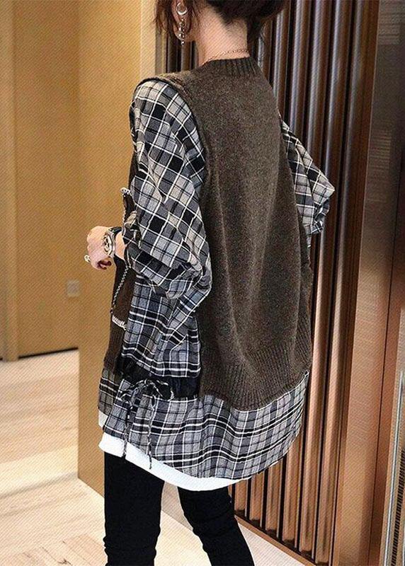 Natural Black Knit Patchwork Plaid Loose Fall Knit Sweater - Omychic