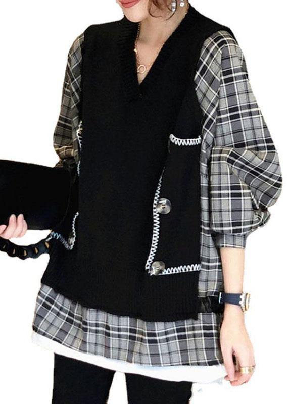 Natural Black Knit Patchwork Plaid Loose Fall Knit Sweater - Omychic