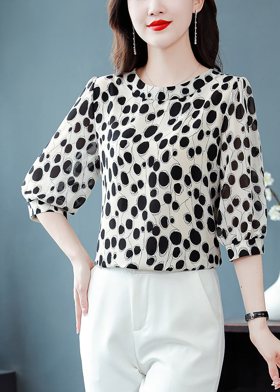 Natural Black O-Neck Dot Chiffon Tops Spring