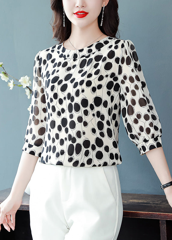 Natural Black O-Neck Dot Chiffon Tops Spring