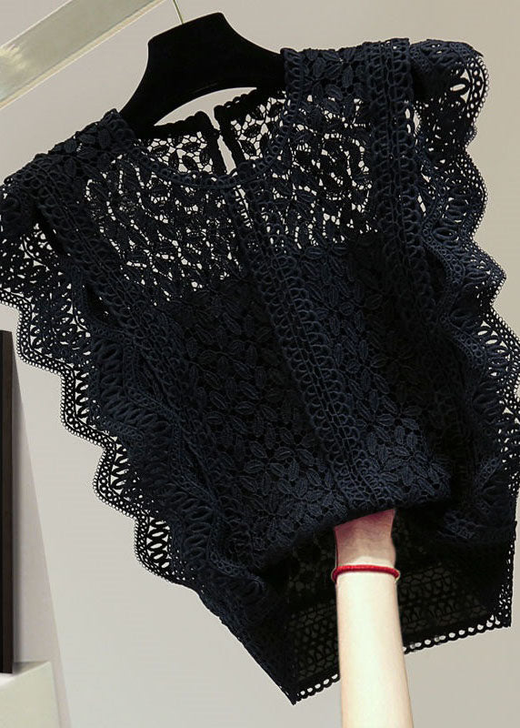 Natural Black O-Neck Hollow Out Lace Patchwork Tops Sleeveless