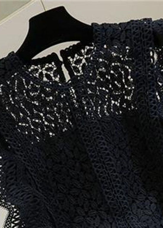 Natural Black O-Neck Hollow Out Lace Patchwork Tops Sleeveless