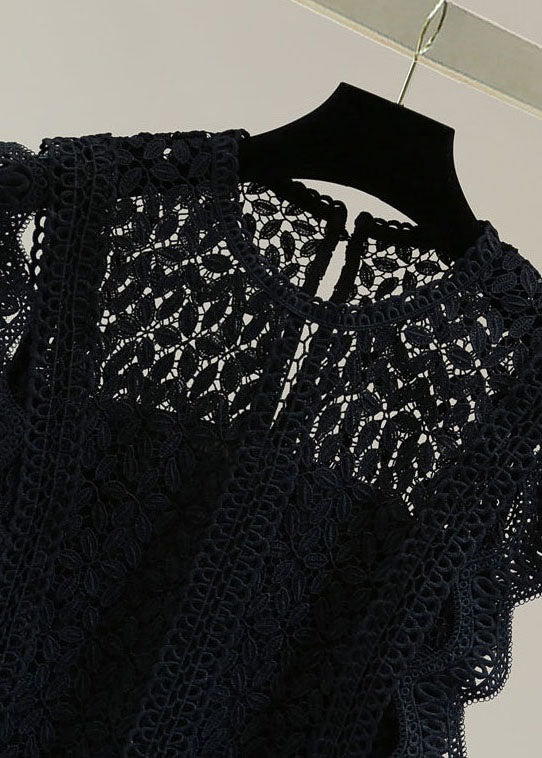 Natural Black O-Neck Hollow Out Lace Patchwork Tops Sleeveless