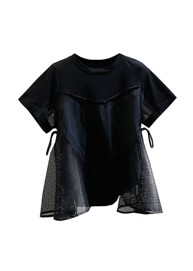 Natural Black O Neck Hollow Out Patchwork Cotton T Shirt Tops Summer
