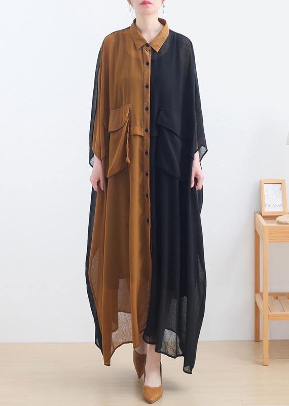 Natural Black Patchwork Chocolate Peter Pan Collar Button Vacation Summer Chiffon Dress - Omychic