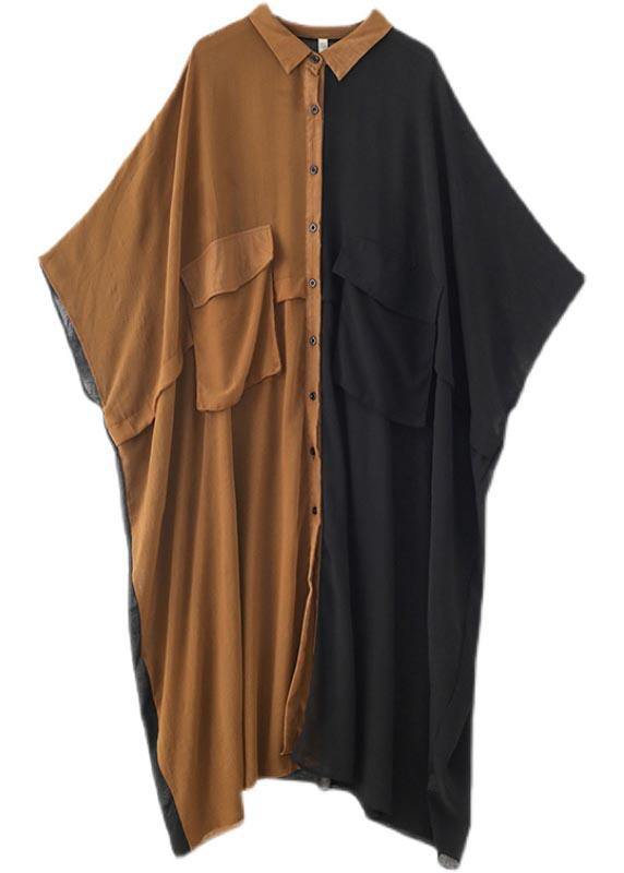 Natural Black Patchwork Chocolate Peter Pan Collar Button Vacation Summer Chiffon Dress - Omychic