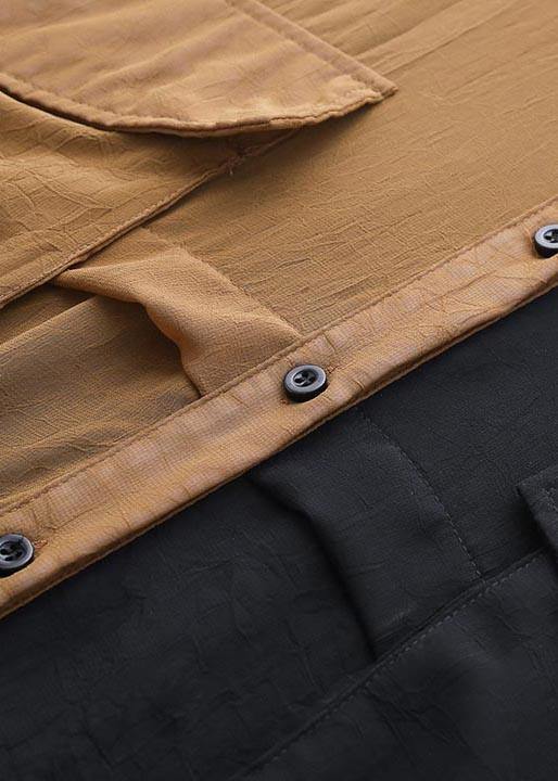 Natural Black Patchwork Chocolate Peter Pan Collar Button Vacation Summer Chiffon Dress - Omychic