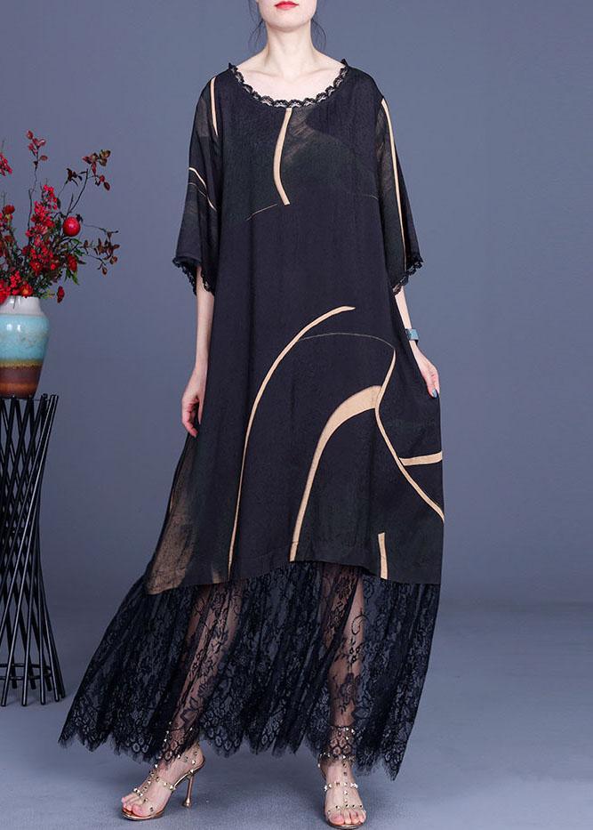 Natural Black Silk Print Patchwork Lace Vacation Dresses Summer - Omychic