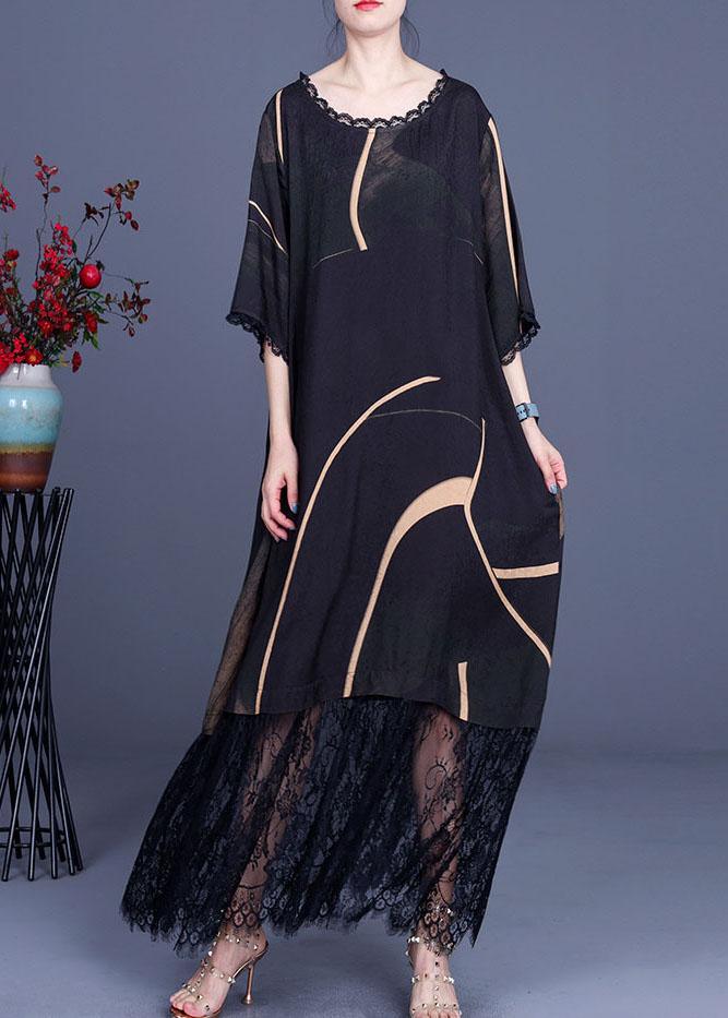 Natural Black Silk Print Patchwork Lace Vacation Dresses Summer - Omychic