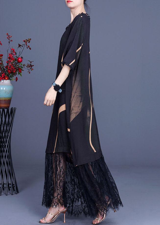 Natural Black Silk Print Patchwork Lace Vacation Dresses Summer - Omychic