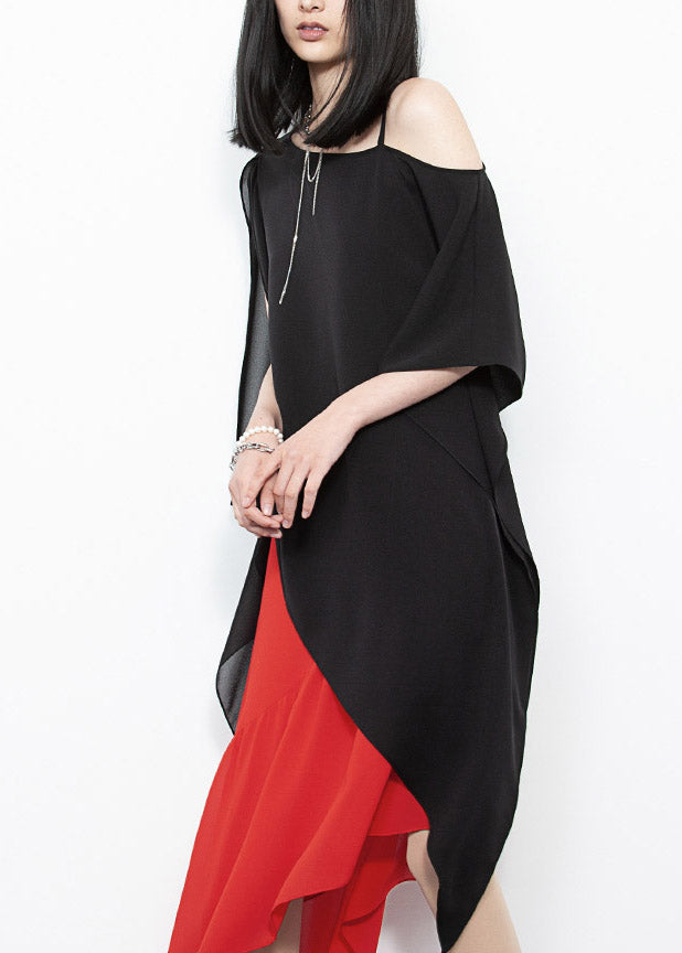 Natural Black Slash Neck Asymmetrical Chiffon Top Summer