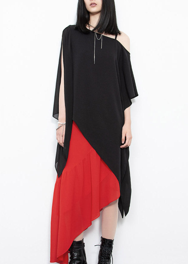 Natural Black Slash Neck Asymmetrical Chiffon Top Summer