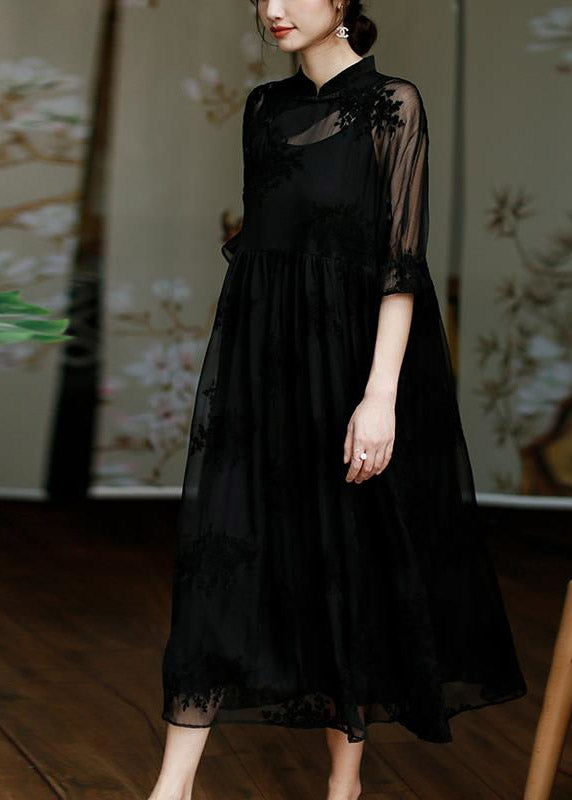 Natural Black Stand Collar Embroideried Floral Button Tulle Long Dress Half Sleeve