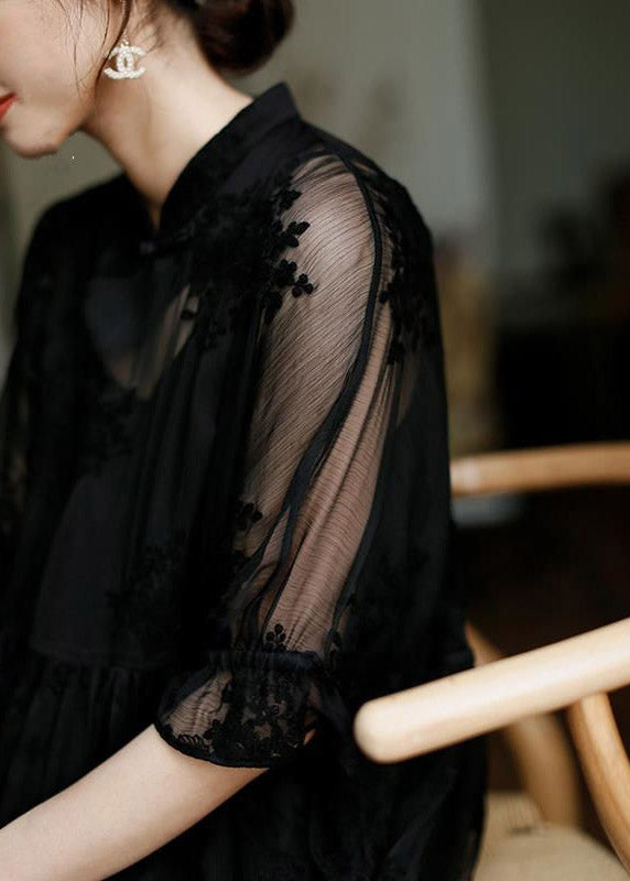 Natural Black Stand Collar Embroideried Floral Button Tulle Long Dress Half Sleeve