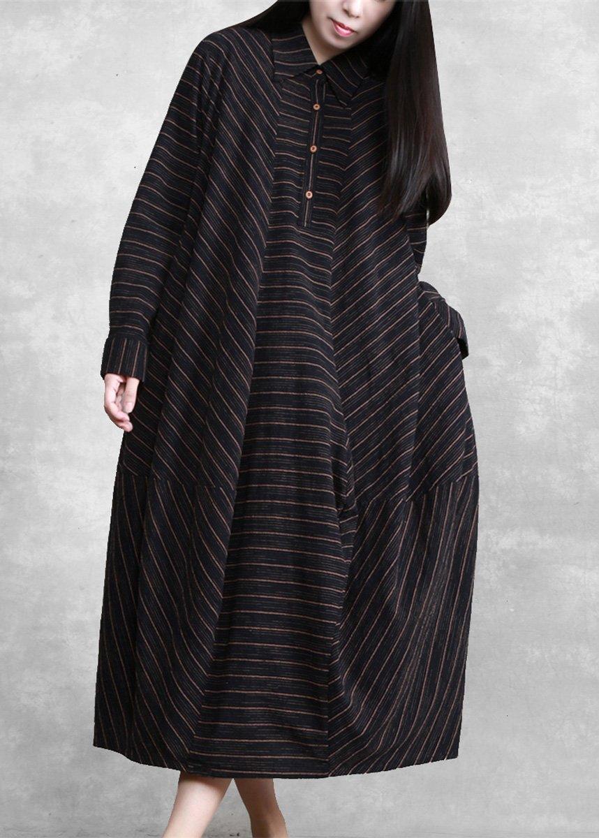 Natural Black Striped Linen Dresses Spring Gown - Omychic