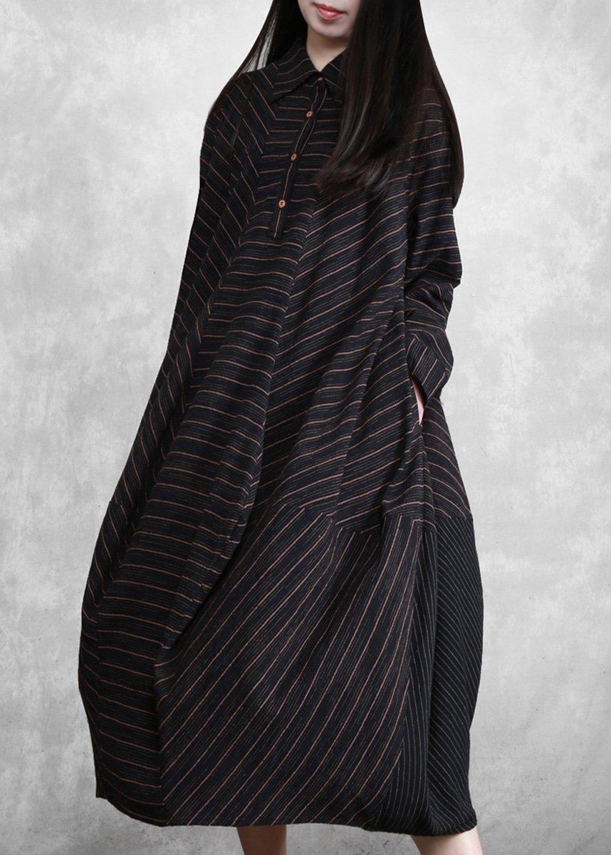 Natural Black Striped Linen Dresses Spring Gown - Omychic