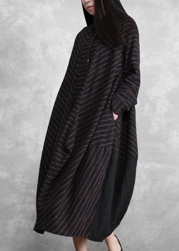 Natural Black Striped Linen Dresses Spring Gown - Omychic