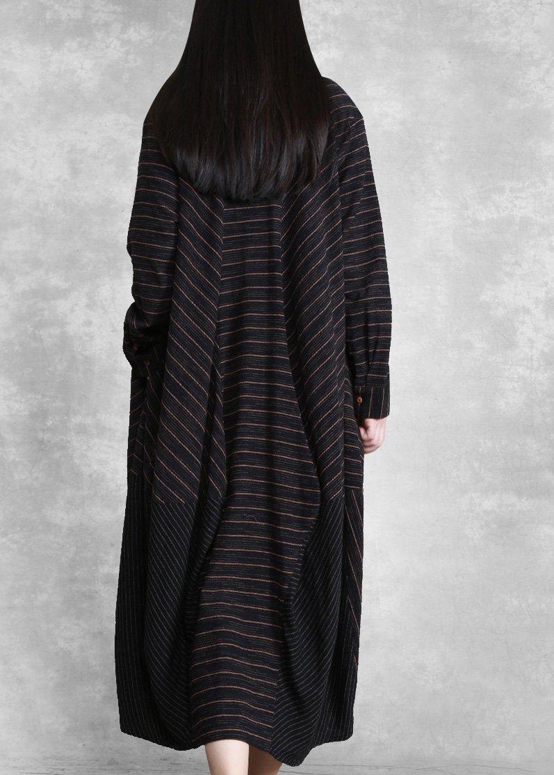 Natural Black Striped Linen Dresses Spring Gown - Omychic