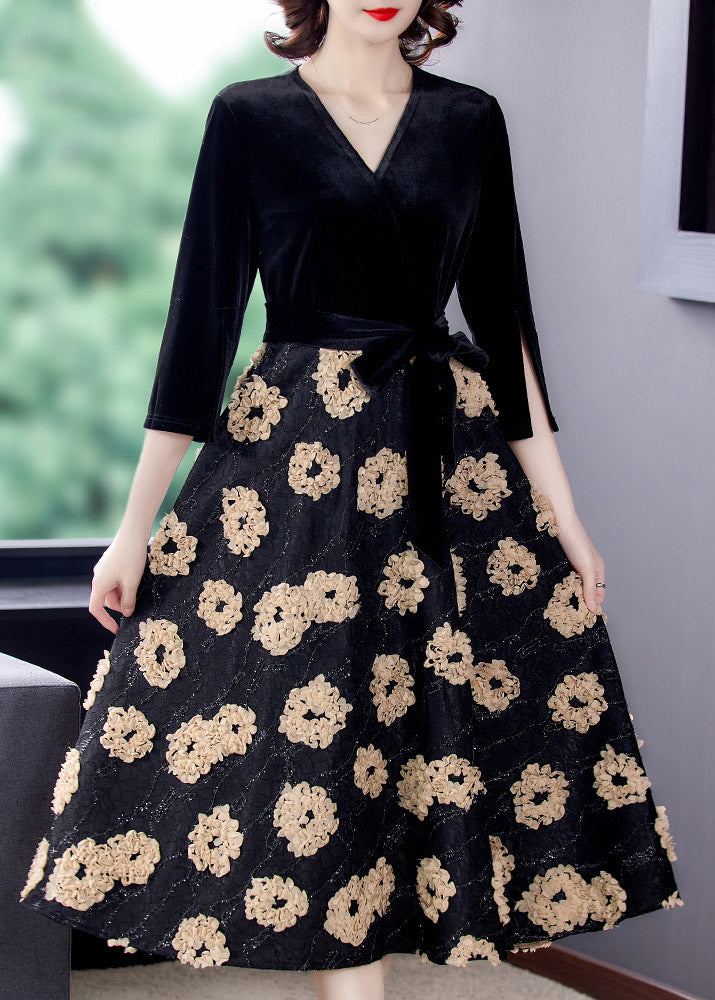 Natural Black V Neck Print Patchwork Tie Waist Silk Velour Maxi Dresses Spring