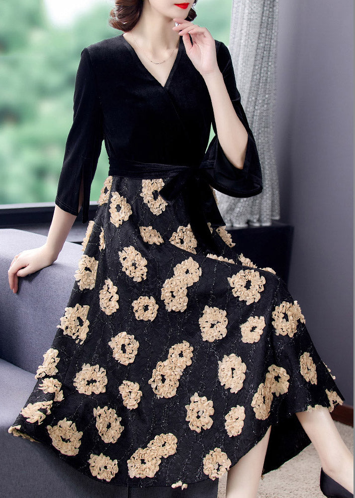 Natural Black V Neck Print Patchwork Tie Waist Silk Velour Maxi Dresses Spring