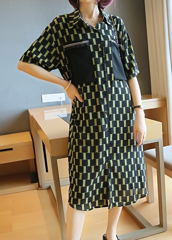 Natural Black Yellow Patchwork Peter Pan Collar Plaid Button Chiffon Maxi Shirts Dress Summer