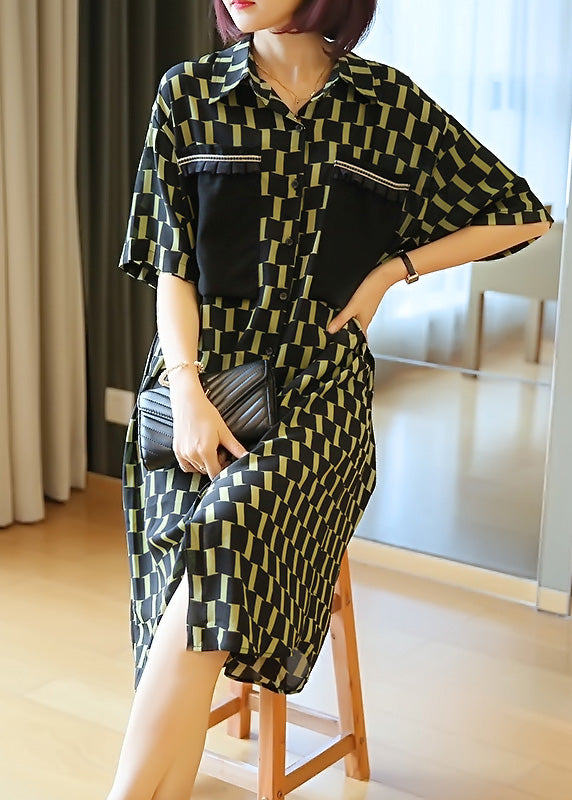 Natural Black Yellow Patchwork Peter Pan Collar Plaid Button Chiffon Maxi Shirts Dress Summer