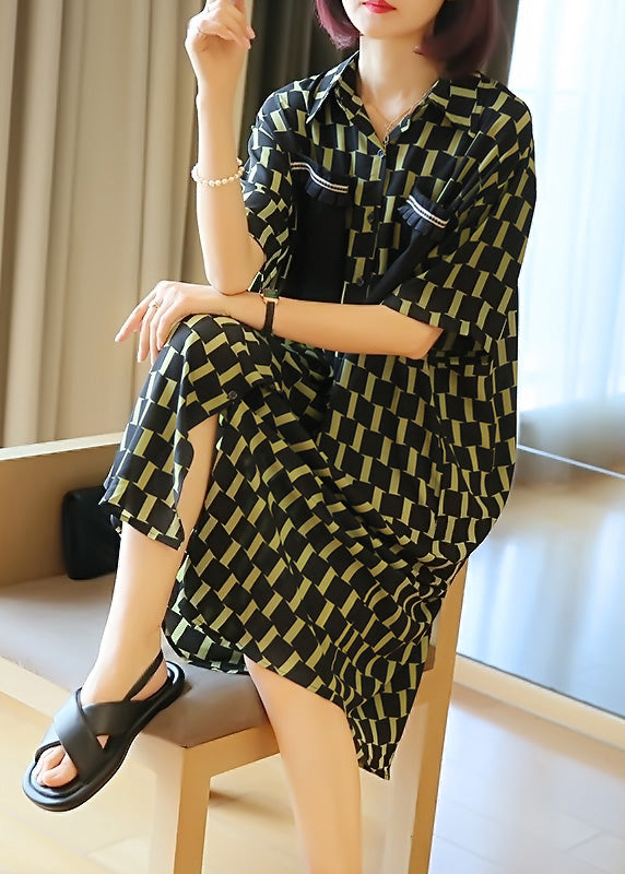 Natural Black Yellow Patchwork Peter Pan Collar Plaid Button Chiffon Maxi Shirts Dress Summer