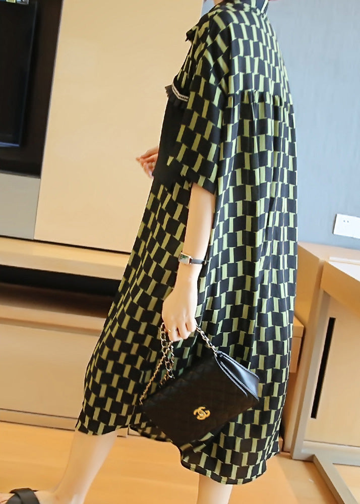 Natural Black Yellow Patchwork Peter Pan Collar Plaid Button Chiffon Maxi Shirts Dress Summer