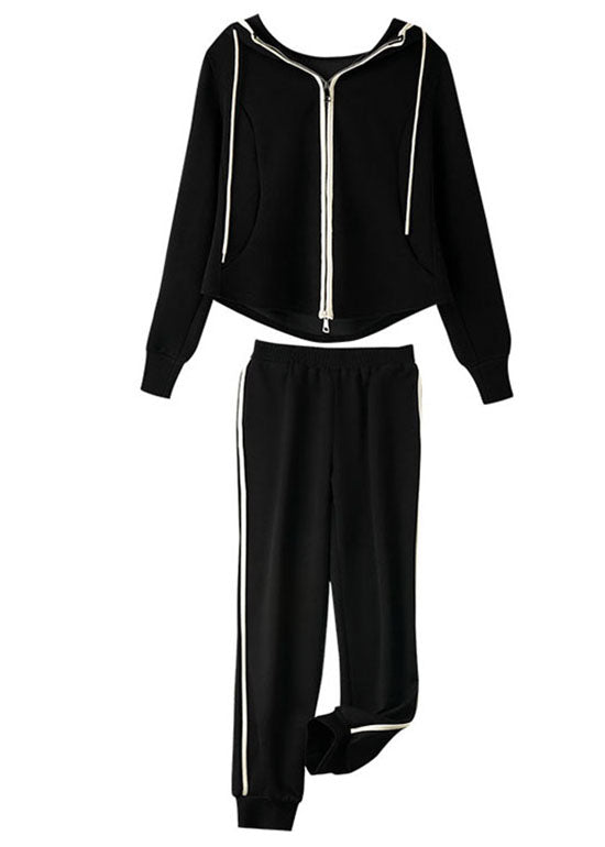 Natural Black Zippered Drawstring Patchwork Hooded Coats And Pants Two Pieces Set Long Sleeve