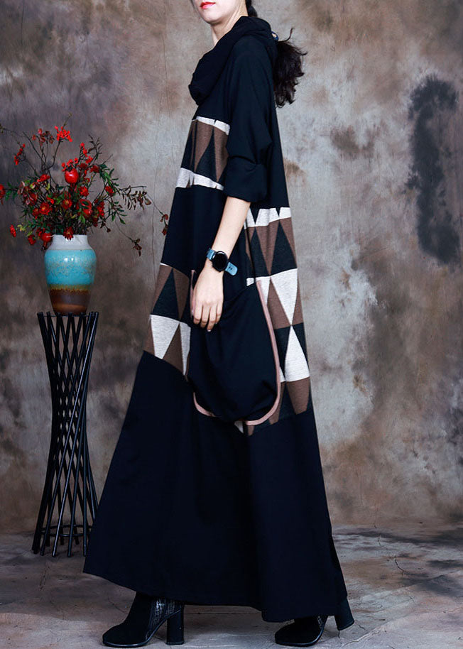 Natural Black pocket Asymmetrical Print Maxi Dresses Spring