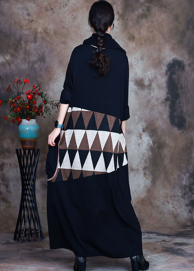 Natural Black pocket Asymmetrical Print Maxi Dresses Spring